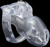 Small size clear House Trainer V5 chastity device made from resin with a silver circular pop up lock on the top of the ring against a black background.