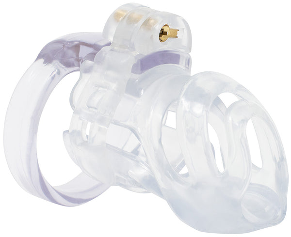 Standard size clear PC1 male chastity device with a brass lock at the top of the ring pieces holding them together.