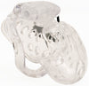 Small size clear HoD398 male chastity device covered in air holes and a black plastic lock partially visible behind the cage.