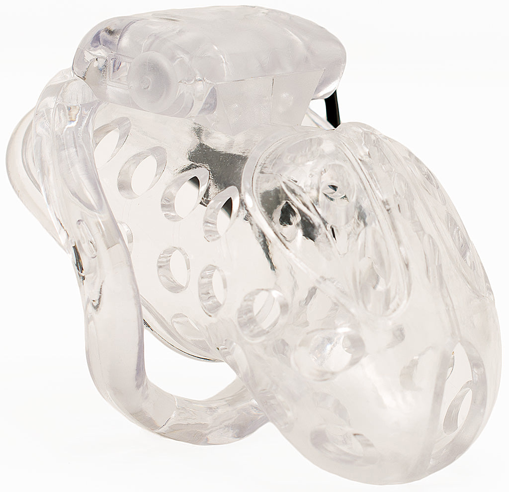 Small size clear HoD398 male chastity device covered in air holes and a black plastic lock partially visible behind the cage.