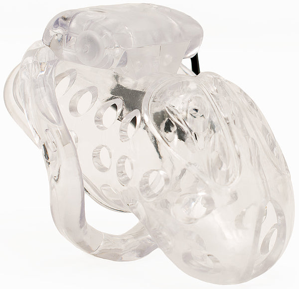Small size clear HoD398 male chastity device covered in air holes and a black plastic lock partially visible behind the cage.