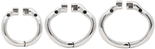 Range of stainless steel hinged chastity device back rings.