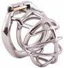 Stainless steel HoD S107 chastity device kit made up of numerous metal bars and a hinged back ring. A secure brass lock is held in place between the cage and ring.