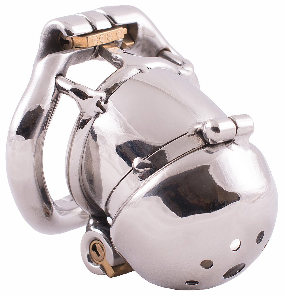 Stainless steel HoD S108 male chastity device with double sliding locks at the top and bottom. The front dome shaped head of the cage has a hinge at the top and air holes in a circular pattern around the urination hole.
