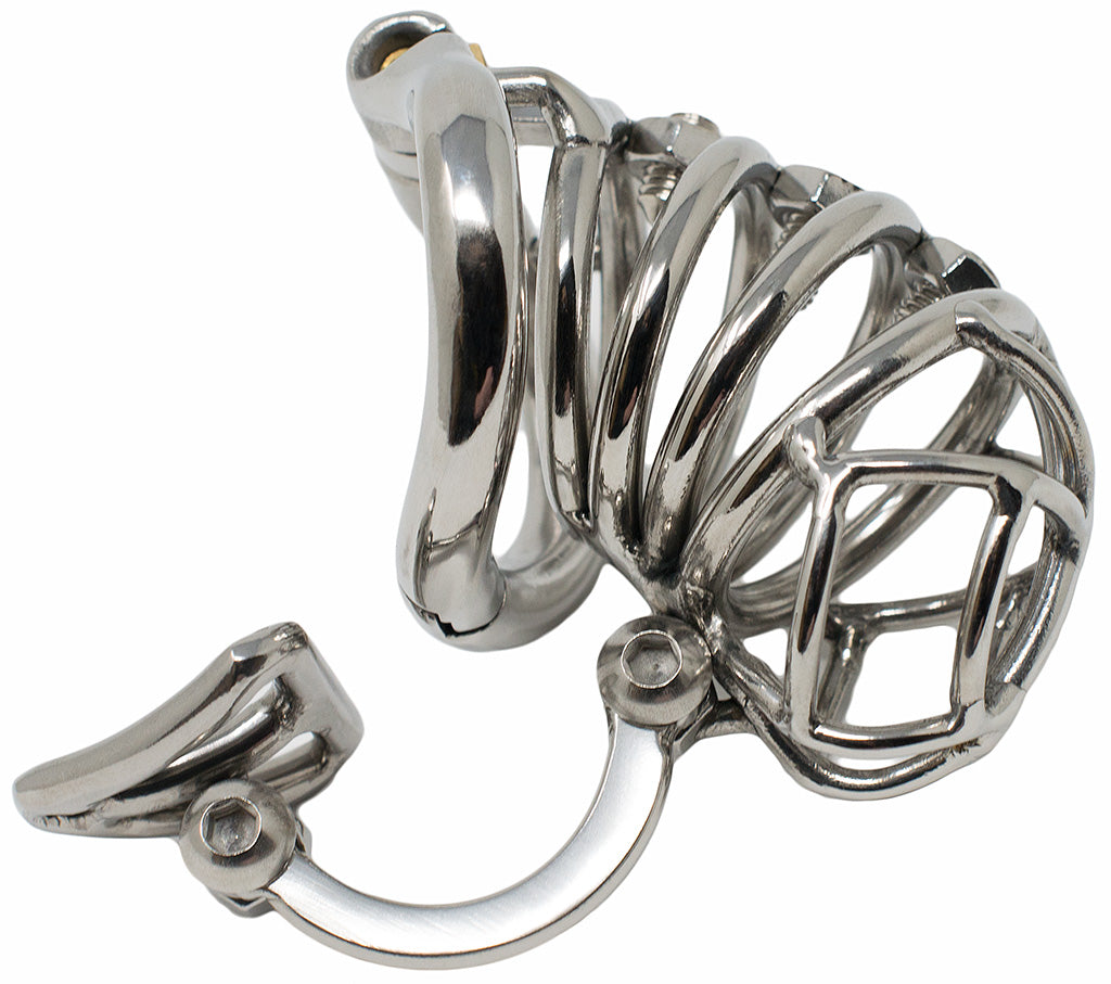 Steel HoD S109 male chastity device with a ball splitter arm attached to the bottom of the cage.