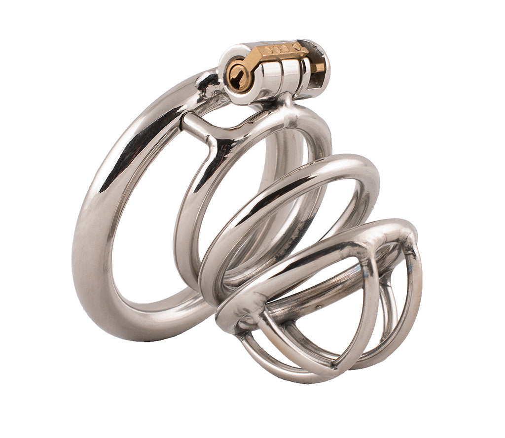 Small size HoD S73S male chastity device made of silver colour stainless steel. The back ring is circular and the cage features intricate metalwork with a secure brass lock at the top.