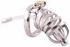 Standard size steel HoD S80 male chastity device with urethral tube screwed into the rounded nut on the front of the cage. The tube has a metal tip on the end and the kit has a brass lock installed through the lock hole. The cage is made up of four circular rings.
