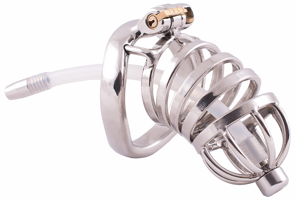 Standard size steel HoD S80 male chastity device with urethral tube screwed into the rounded nut on the front of the cage. The tube has a metal tip on the end and the kit has a brass lock installed through the lock hole. The cage is made up of four circular rings.