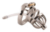 Small size steel HoD S81 male chastity device with urethral tube screwed into the cage with the smooth, rounded nut on the front. The kit is held together with a brass sliding lock.
