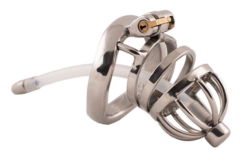 Small size steel HoD S81 male chastity device with urethral tube screwed into the cage with the smooth, rounded nut on the front. The kit is held together with a brass sliding lock.