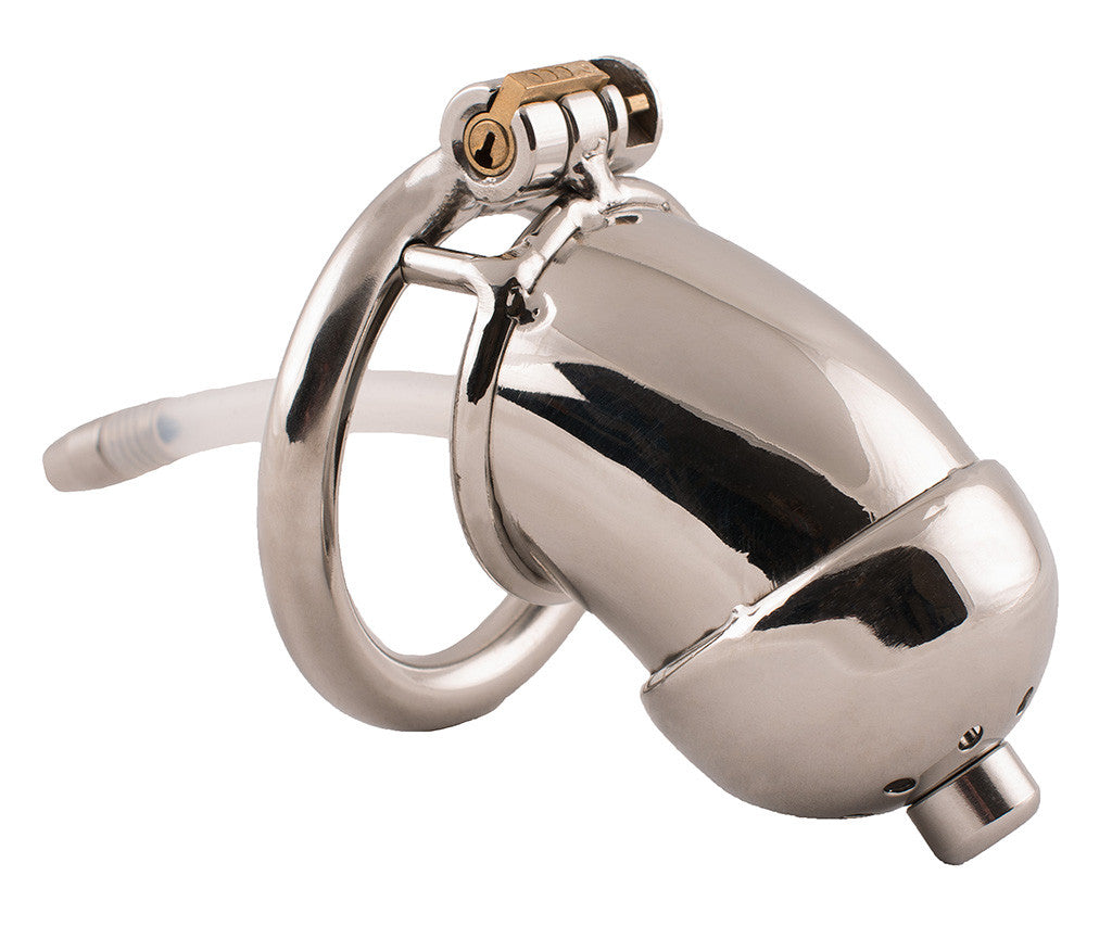 Steel HoD S82 tube shaped male chastity device with a clear plastic urethral tube attached to it.