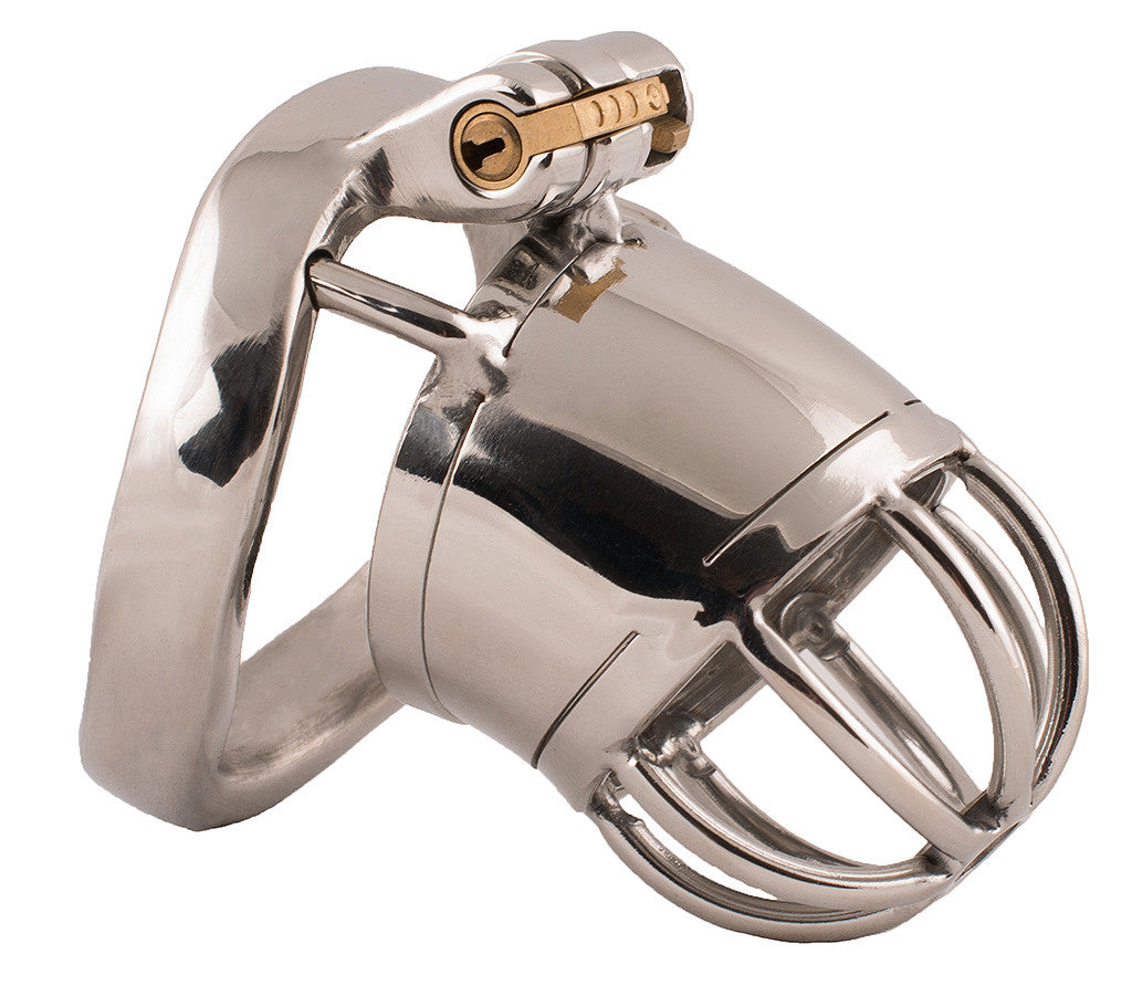 Small size stainless steel S87 chastity cage with a smooth tube and domed metal bars on the head.