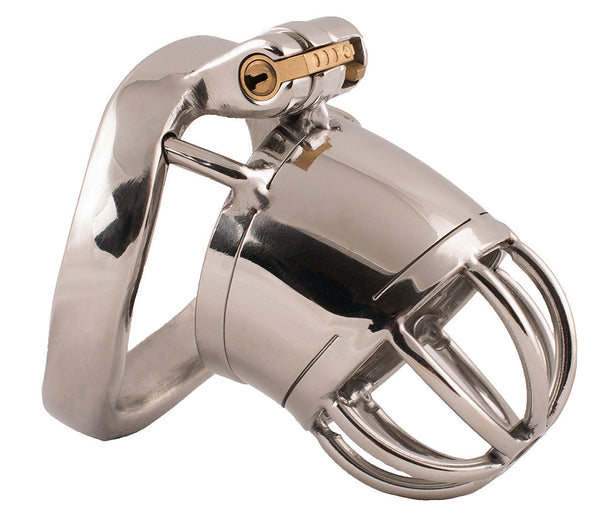 Small size stainless steel S87 chastity cage with a smooth tube and domed metal bars on the head.