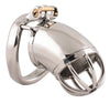 Metal standard size S87 male chastity device with a polished tube and domed bar head. The curved back ring attached to the cage has a discreet brass lock at the top.