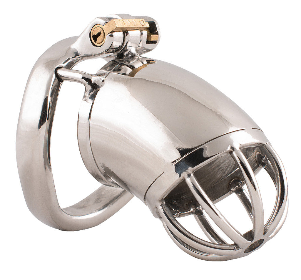 Metal standard size S87 male chastity device with a polished tube and domed bar head. The curved back ring attached to the cage has a discreet brass lock at the top.