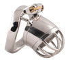 Tube shaped small size steel S90 male chastity device with circular bars attached to the front of the cage. The curved back ring has a brass internal lock.