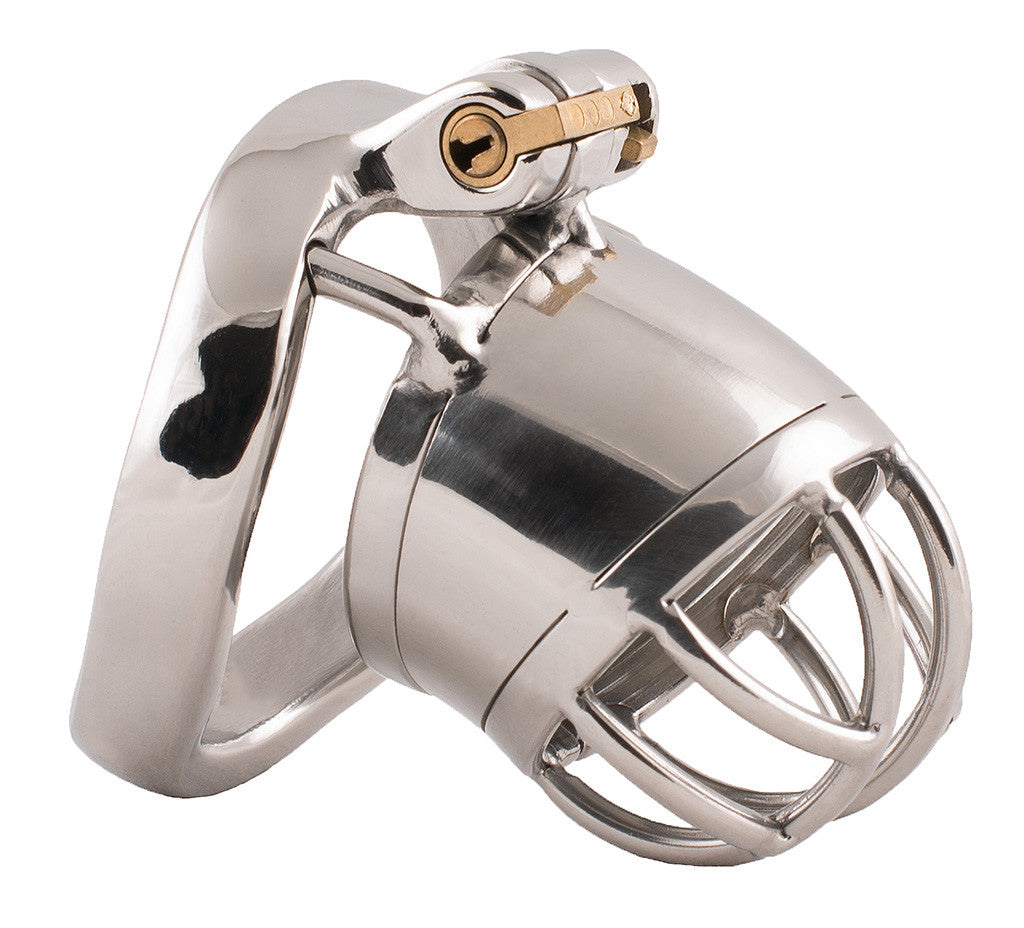 Tube shaped small size steel S90 male chastity device with circular bars attached to the front of the cage. The curved back ring has a brass internal lock.