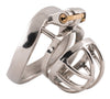 Extra small size stainless steel S90 chastity device with metal bars in a circular shape on the head of the cage, a curved back ring and a brass lock through the top.