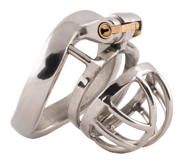 Extra small size stainless steel S90 chastity device with metal bars in a circular shape on the head of the cage, a curved back ring and a brass lock through the top.