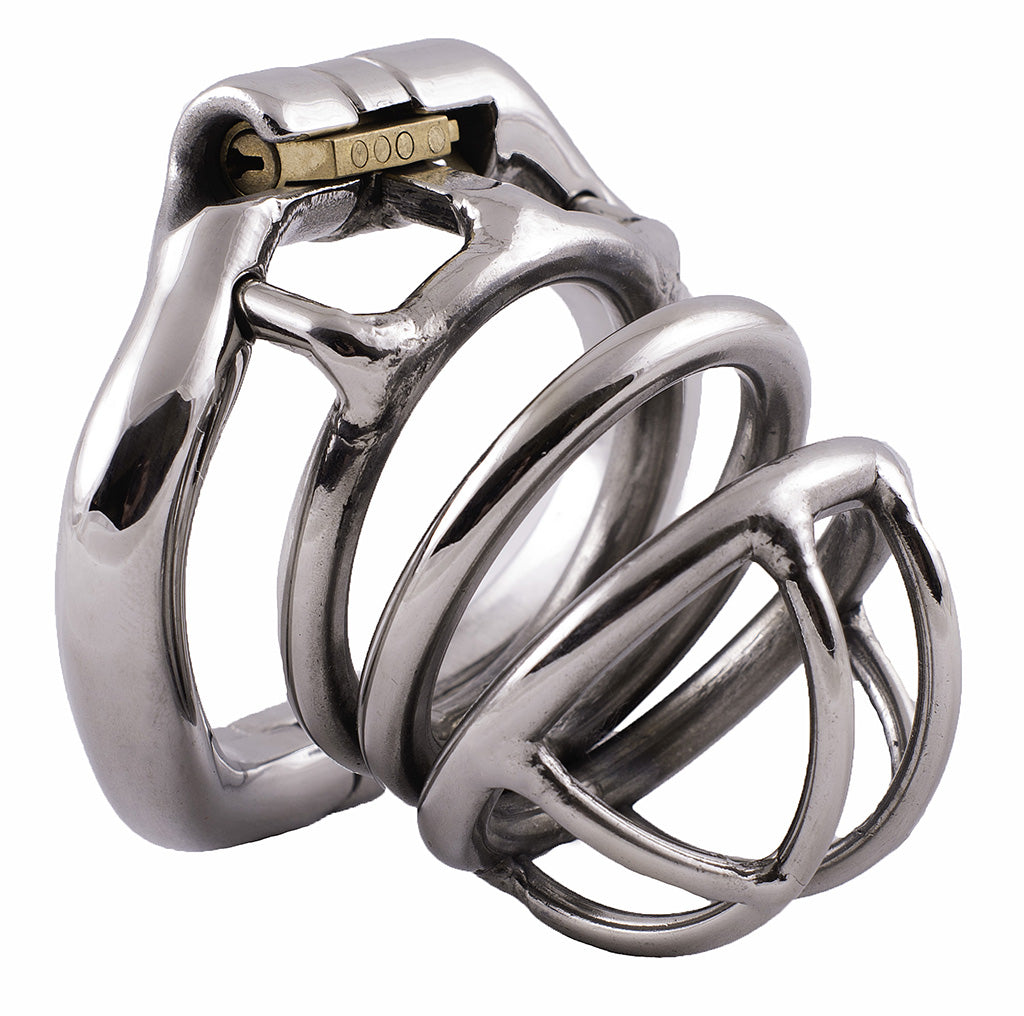 Standard size S99 steel male chastity device made up of one circular ring between a rear ring and the front section, which has a wide opening. The hinged and curved back ring is held onto the cage section with an integrated brass lock.