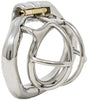 Small size HoD S99 steel male chastity device with a hinged back ring and wide opening between the bars on the front.