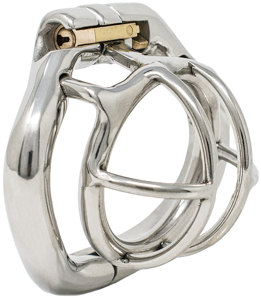 Small size HoD S99 steel male chastity device with a hinged back ring and wide opening between the bars on the front.