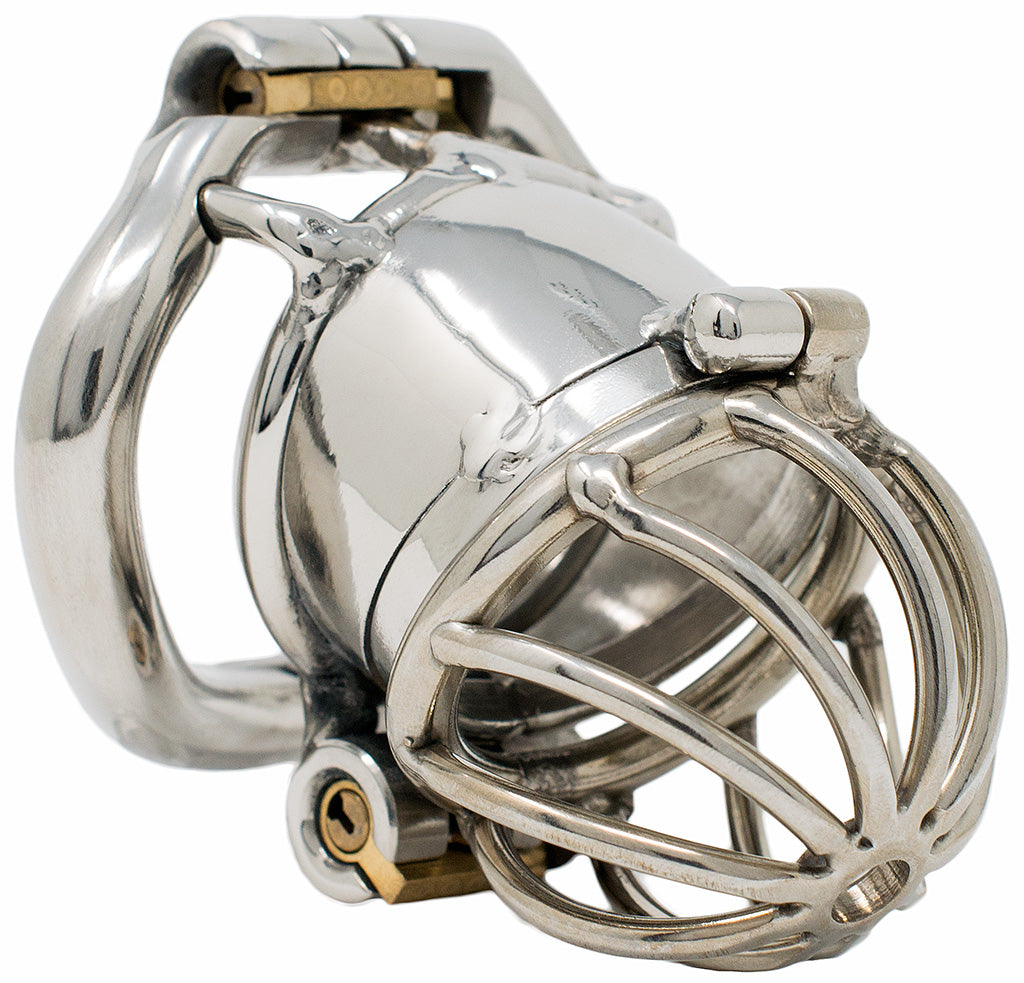 Steel HoD SSC76 male chastity device wih a solid tube centre and an open spiral bar head design for ventilation. There are brass sliding locks at the top and bottom of the cage locking the ring and head to the tube.