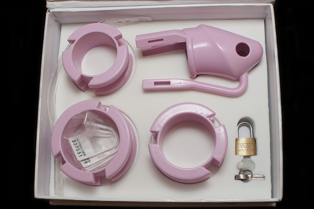 Pink HoD100 silicone male chastity device with three thick back rings in different sizes, two clear plastic locking strips and a brass padlock with keys inside the display box.