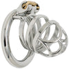 JTS S201 large size chastity device with a circular ring made from stainless steel. The head section has ornate curved bars and a urination opening on the front. A brass sliding lock with the lock blade engaged is holding the cage to the back ring at the top of the device.