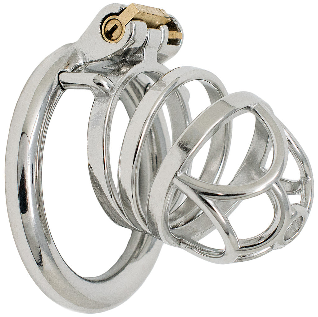 JTS S201 large size chastity device with a circular ring made from stainless steel. The head section has ornate curved bars and a urination opening on the front. A brass sliding lock with the lock blade engaged is holding the cage to the back ring at the top of the device.