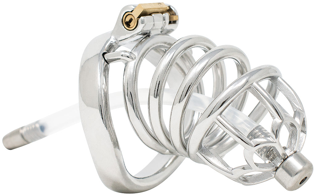 JTS S206 XL chastity device with a urethral tube and curved ring