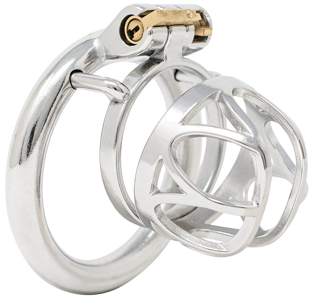 Stainless steel metal JTS S215 medium sized chastity device with a circular ring. The cage has a long and wide urination hole opening at the front and ornate bars making up the design.