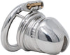 Penis shaped small size JTS S216 chastity device with a circular ring. Made of polished stainless steel with ridges behind the smooth head of the cage.