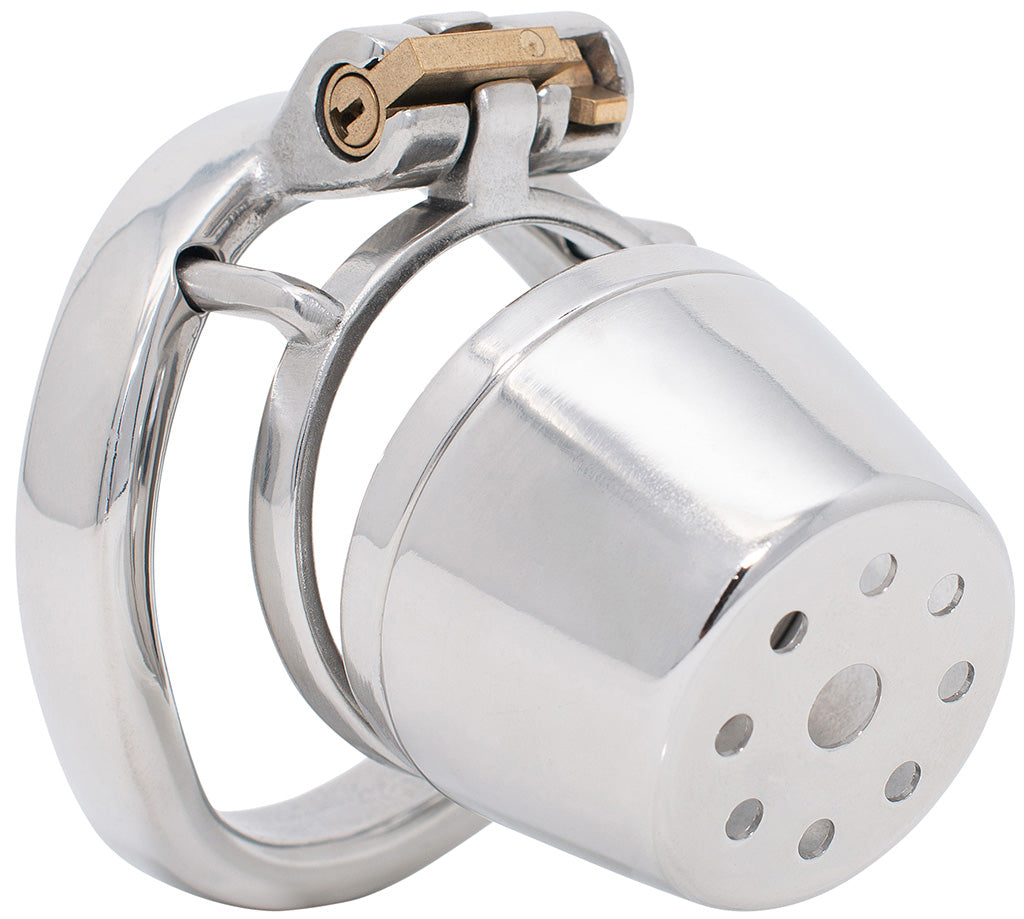 Steel JTS S217 medium male chastity device with a curved ring