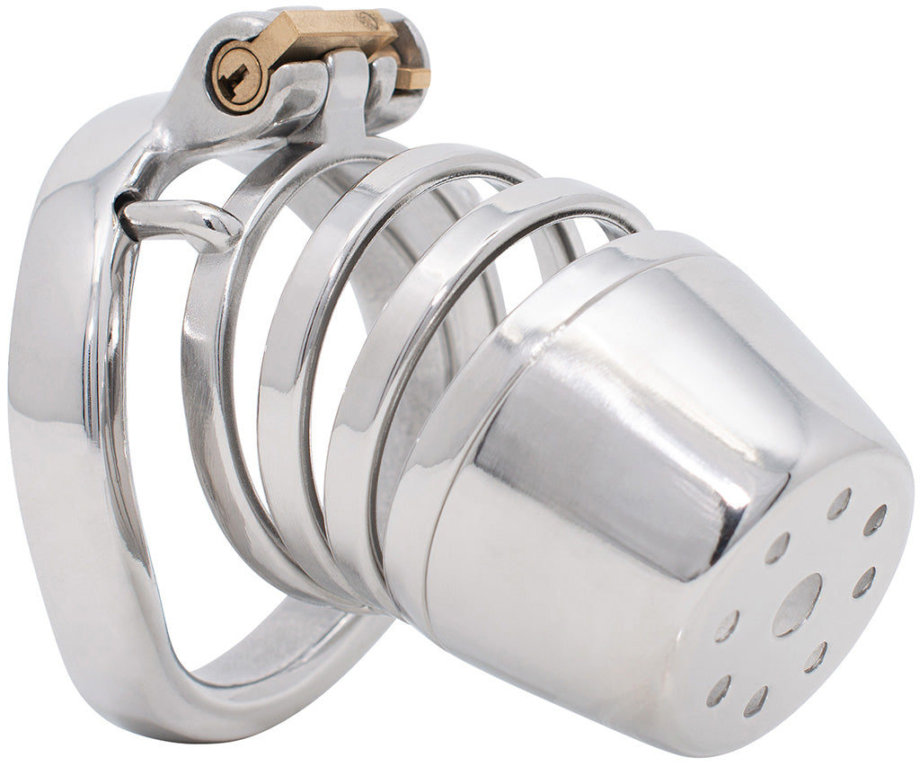 Steel JTS S217 XL male chastity device with a curved ring