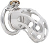 Close up of a large size locked JTS S220 cage with circular ring. The stainless steel kit has different shapes cut out along the shaft for airflow.