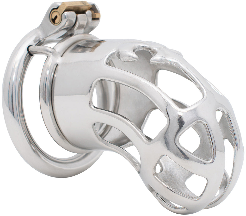 Close up of a large size locked JTS S220 cage with circular ring. The stainless steel kit has different shapes cut out along the shaft for airflow.