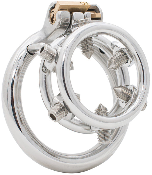 JTS S231 stainless steel chastity cock cage with adjustable screws and a circular ring.