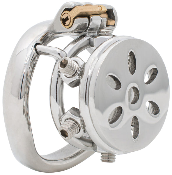 JTS S232 stainless steel chastity cock cage with adjustable screws and a curved back ring.