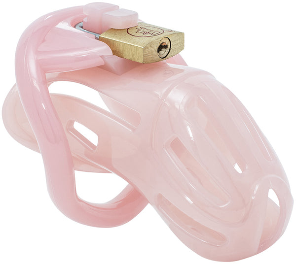 Pink HoD370 plastic male chastity cage and a brass padlock.