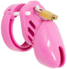 A small pink HoD600S plastic male chastity cage kit featuring cylindrical air holes at the rear of the tube and a secure brass padlock at the top.