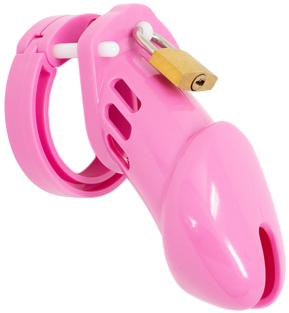 A smooth pink plastic HoD600 male chastity cage with air holes down the side to allow for improved hygiene. A brass padlock is attached at the top of the cage to a white plastic locking pin.