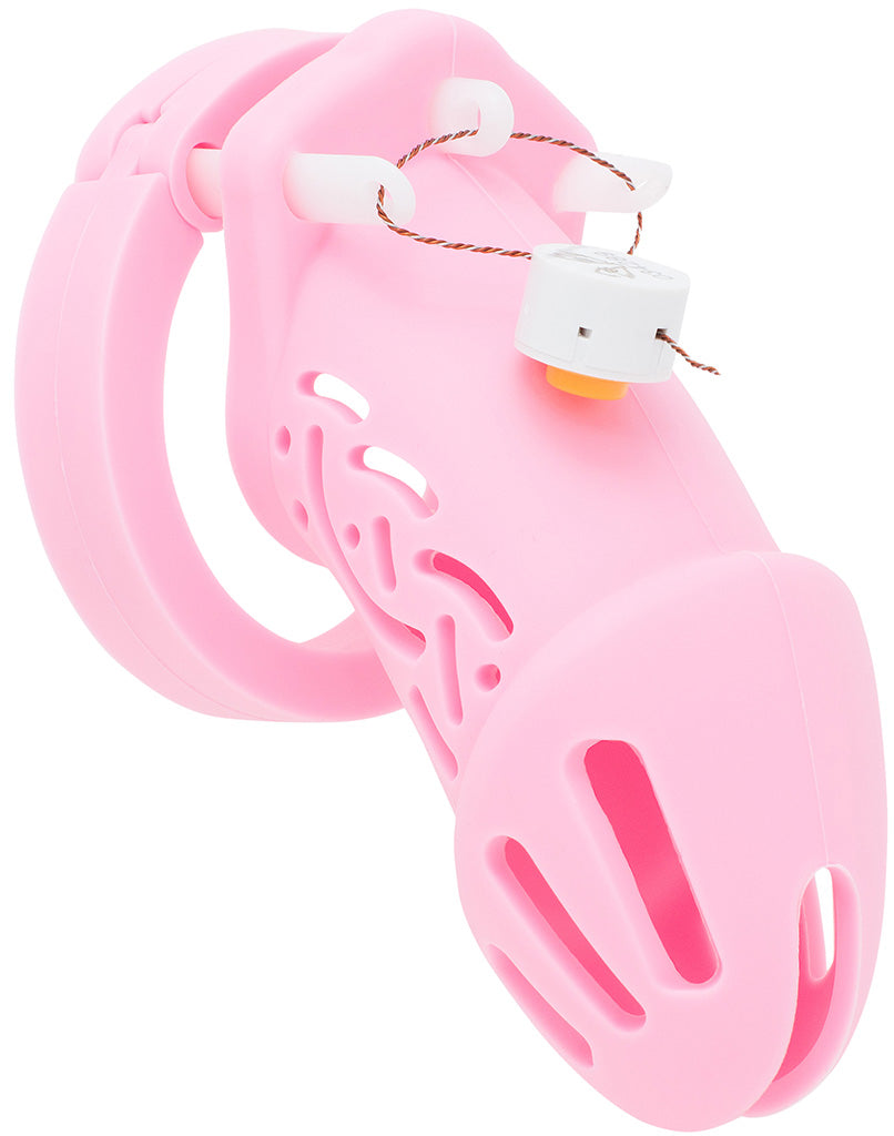 Pink HoD601 silicone chastity cage with a one time use numbered zipper lock.