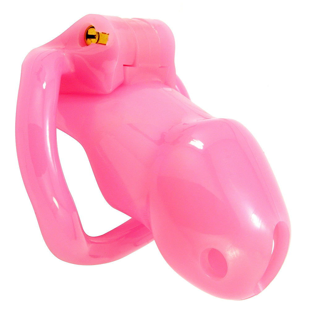 Small pink Holy Trainer V2 chastity device made of smooth resin. The kit has a brass lock inserted into the top of it.