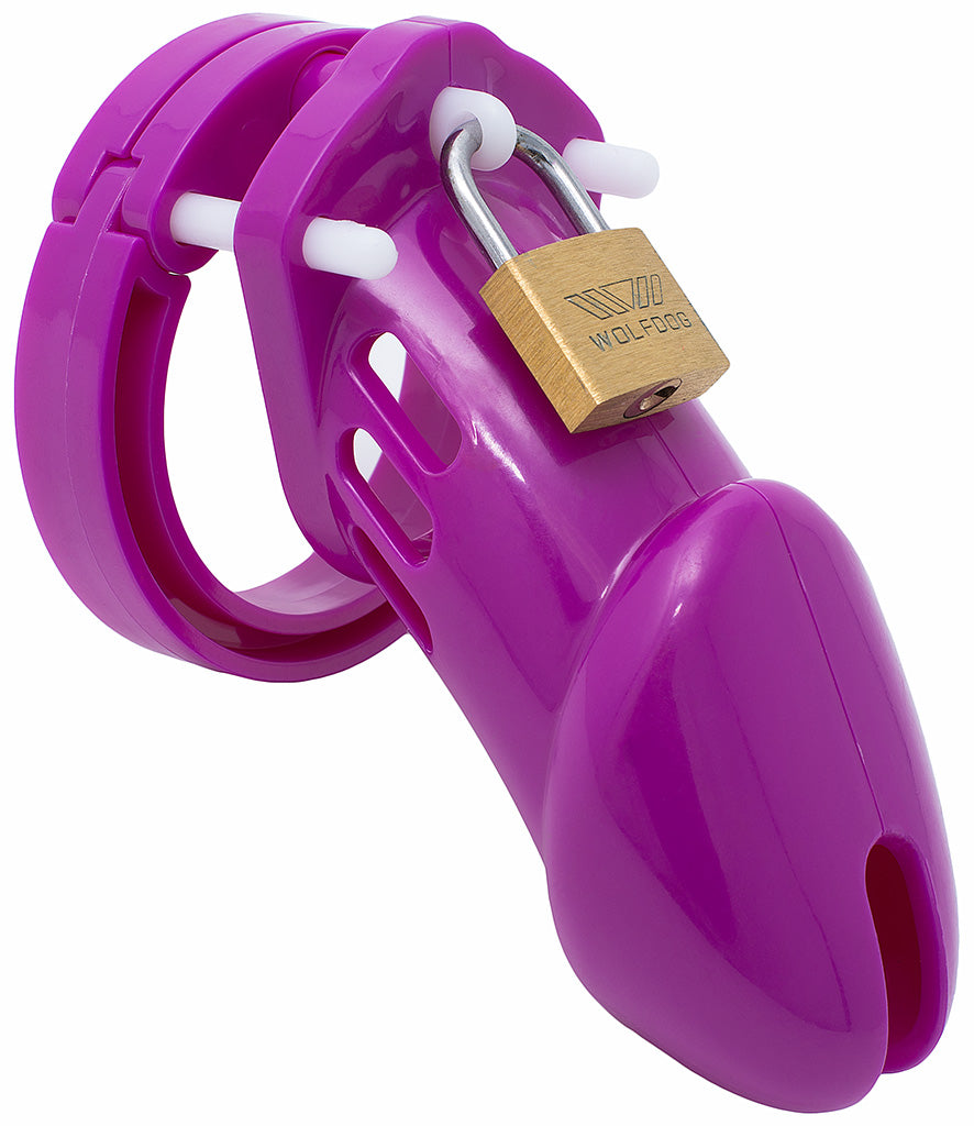 Purple plastic HoD600 male chastity device with white guide pins on either side of the cage and a brass padlock attached at the top.