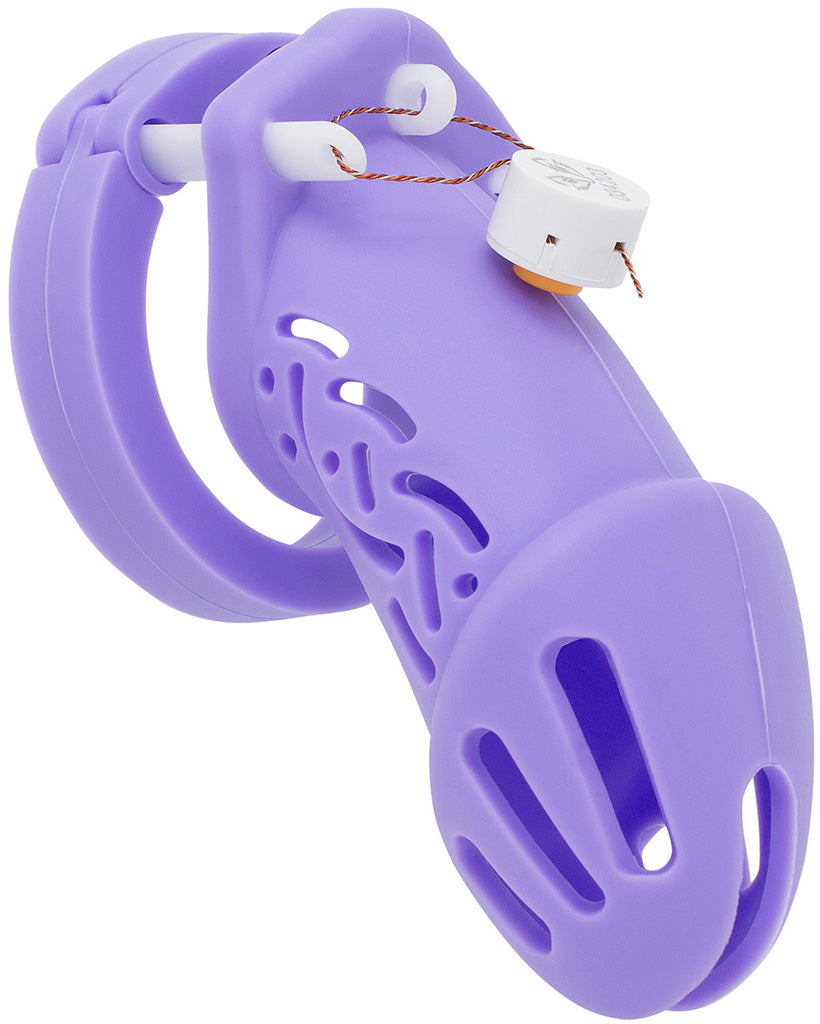 Purple HoD601 silicone chastity cage with a one time use numbered zipper lock.