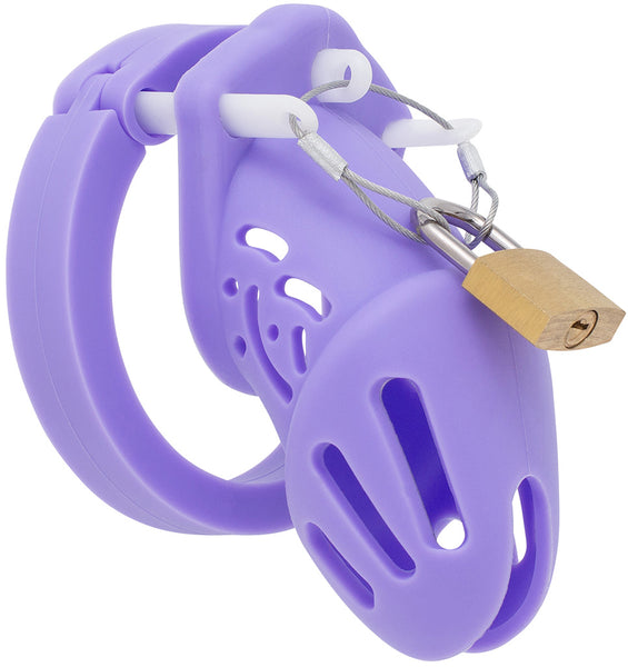 Purple HoD601S silicone chastity cage with a padlock.