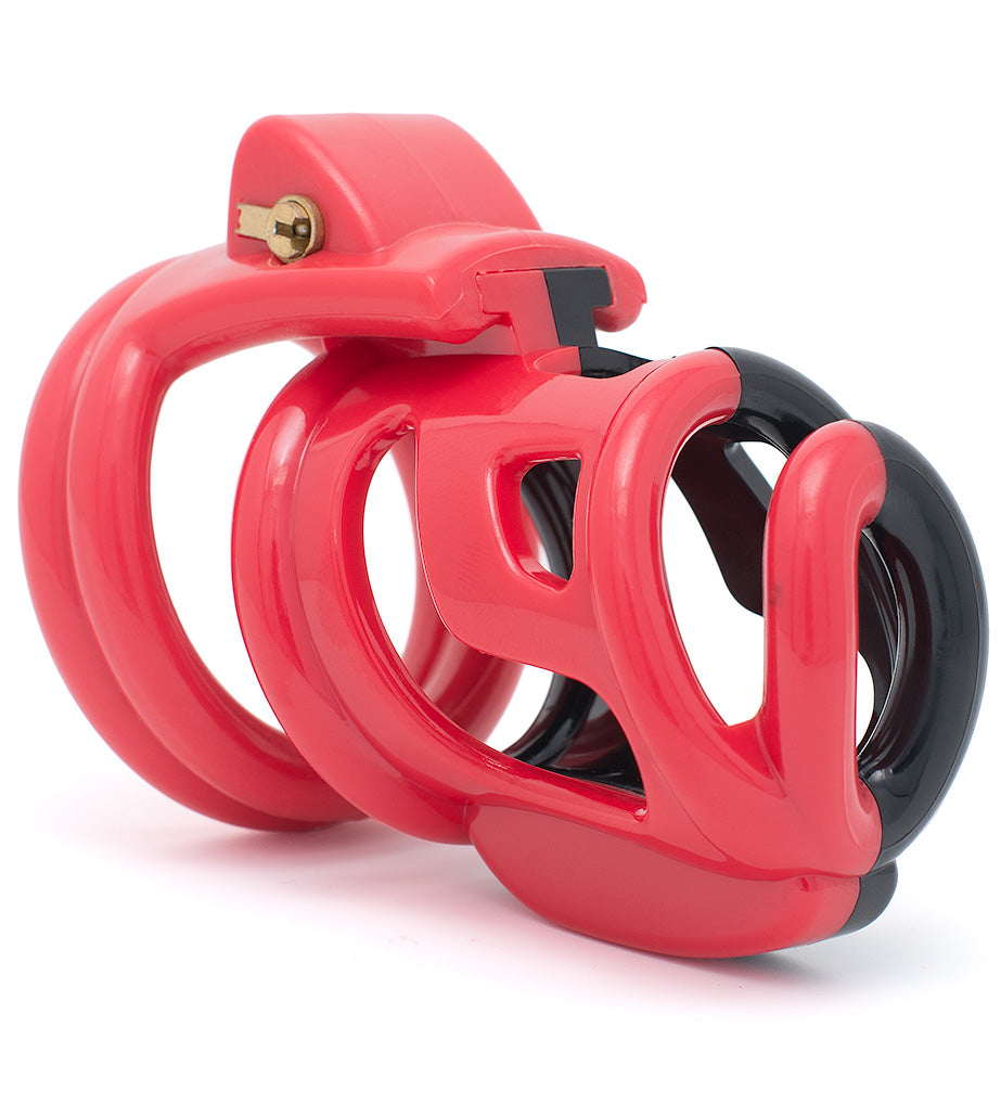 Plastic black and red HoD227 male chastity device with a beaked top on the circular back ring with a brass lock through it.