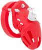 Red HoD601S silicone chastity cage with a one time use numbered zipper lock.