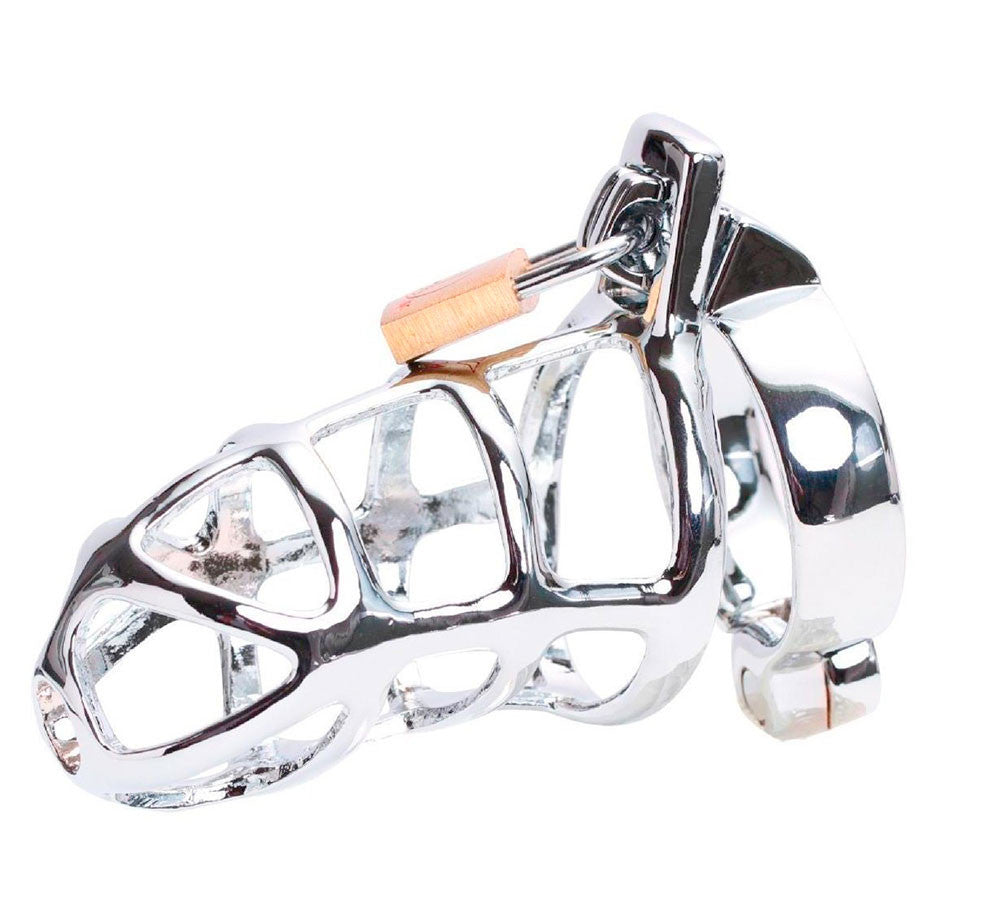 A BDSM chastity device made of durable stainless steel, secured with a brass lock at the top and a hinged back ring.